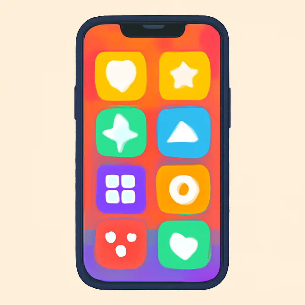 Smartphone shown from the front displaying a colourful flat layout of abstract game icons and rounded tiles (no text, no letters, no labels), Yaar Win