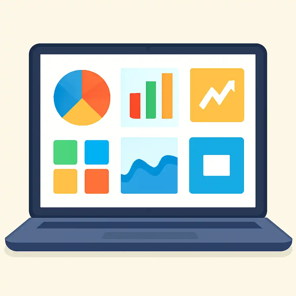Laptop shown from the front displaying a colourful flat dashboard of abstract charts, bars and icon tiles (no text, no letters, no labels), Yaar Win