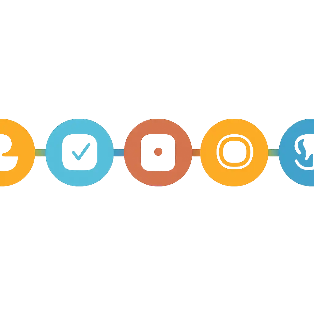 Five numbered circular icons connected by arrows in a horizontal flow, flat illustration, icons only, no words, Yaar Win steps